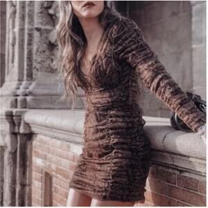 NWT ZARA Tulle V-Neck Ruched Bodycon Mini Dress S Brown